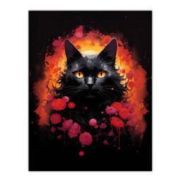 "Artery8 Wall Art Print Black Cat Lover Gift Pet Portrait Red Roses Orange Flames Artwork Painting Poster - Size: W24"" x H32""" - thumbnail 1