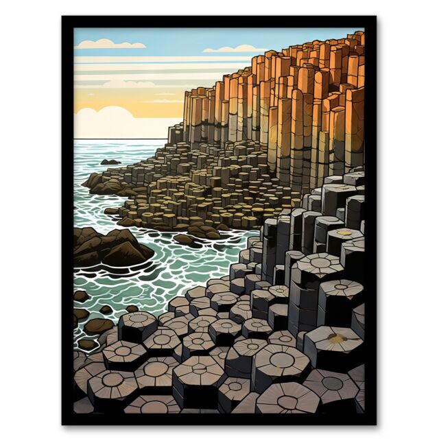 "Artery8 The Giants Causeway Artwork Ireland Coastal Cliffs Volcanic Formation Irish Sea Art Print Framed Poster Wall Decor - Size: W12"" x H16""" - image 1