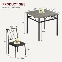 VOGREX Grey Metal Frame 3 Piece 2 Seater Dining Set Small Space Kitchen - thumbnail 2