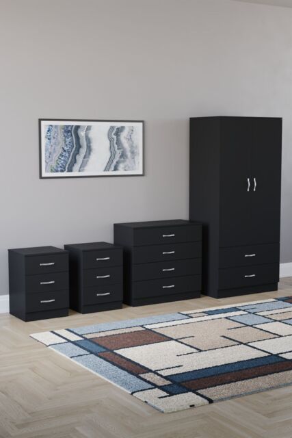 Home Discount Vida Designs Riano 4Pc Bedroom Set 3 Drawer Bedside, 4 Drawer Chest in Black - image 1