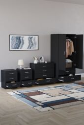 Home Discount Vida Designs Riano 4Pc Bedroom Set 3 Drawer Bedside, 4 Drawer Chest in Black - thumbnail 2