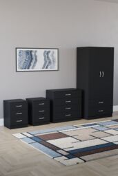 Home Discount Vida Designs Riano 4Pc Bedroom Set 3 Drawer Bedside, 4 Drawer Chest in Black