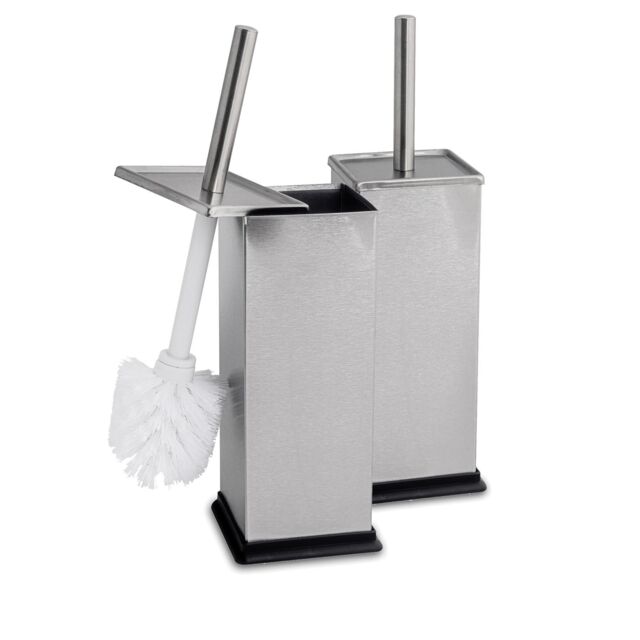 Harbour Housewares 2x Square Toilet Brushes with Holder - Non Slip Cleaning Brush Set in Metallic Silver - image 1