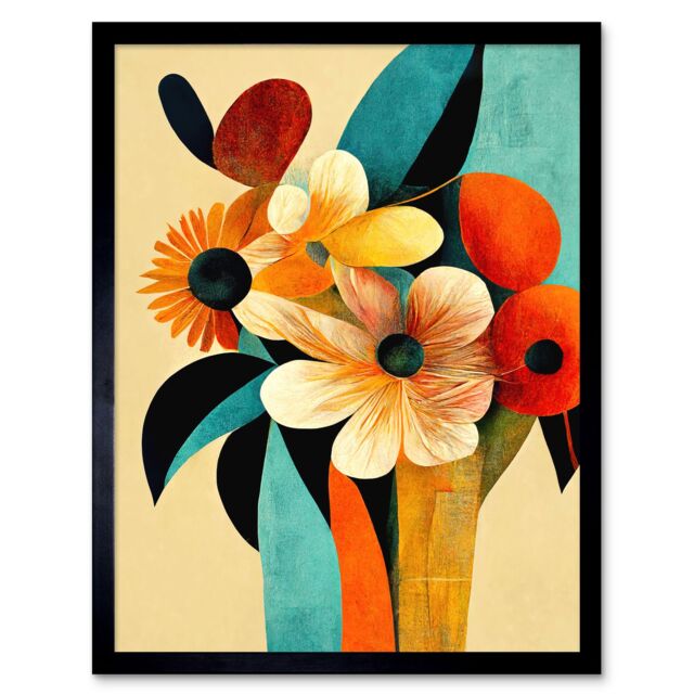 "Artery8 Wall Art Print Vibrant Modern Abstract Oil Painting Summer Flower Bouquet Teal Orange Art Framed in Black - Size: W12"" x H16""" - image 1