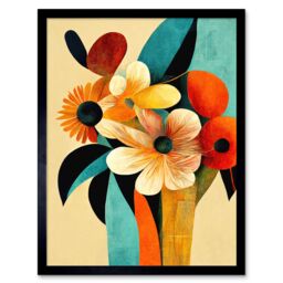 "Artery8 Wall Art Print Vibrant Modern Abstract Oil Painting Summer Flower Bouquet Teal Orange Art Framed in Black - Size: W12"" x H16""" - thumbnail 1