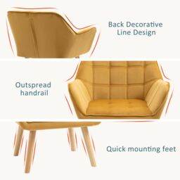 HOMCOM Luxe Velvet-Feel Accent Chair w/ Wide Arms Slanted Back Wood Legs in Yellow - thumbnail 6