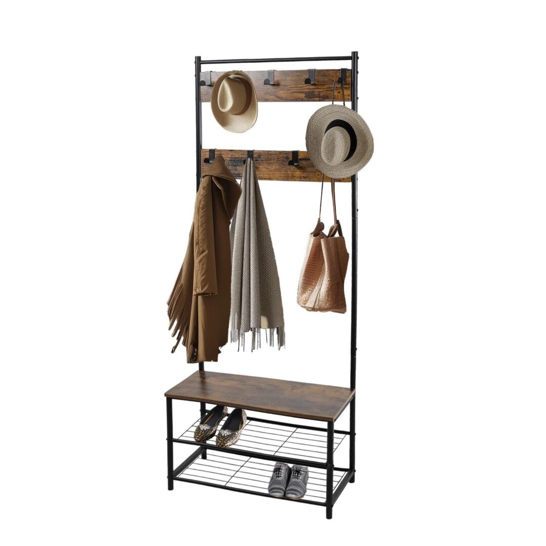 Coat Rack Stand with Shoe Storage Bench Hooks Rustic Brown