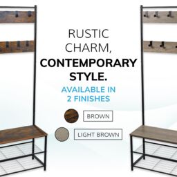 House of Home Coat Rack Stand with Shoe Storage Bench 9 Hooks Rustic Brown Entrance Hall - thumbnail 6
