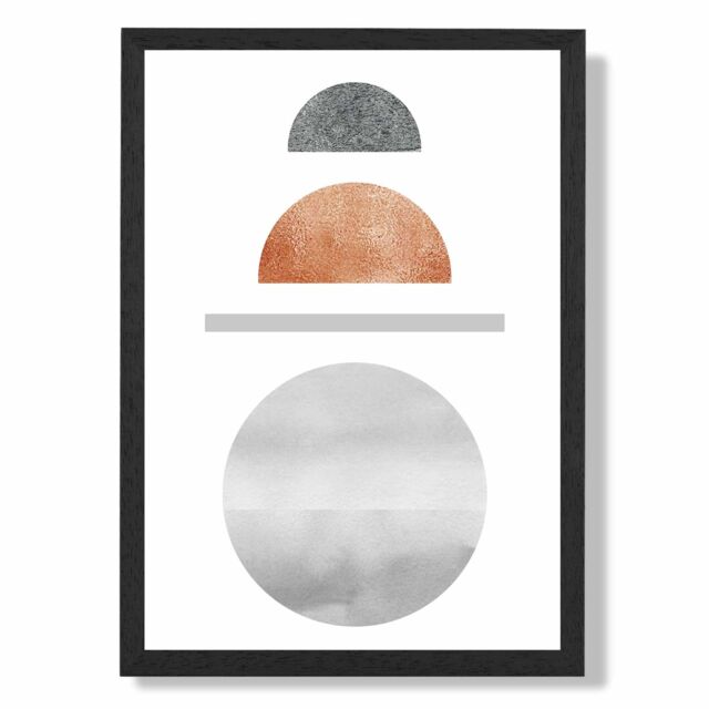 ARTZE Copper & Grey Semi Circles Mid Century Geometric Framed Print SIZE: A4 with Black Frame - Size: A3 - image 1