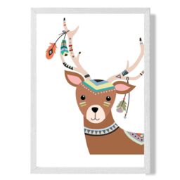 ARTZE Peeking Deer Tribal Animal Framed Print SIZE: A2 with White Frame in Brown - Size: A4