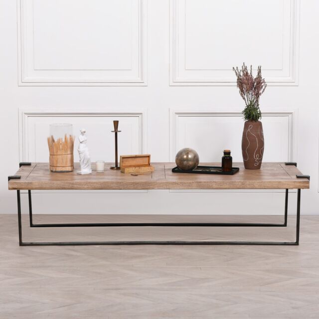 Glasstone Industrial Wrought Iron Coffee Table with Rustic Wood Top in Light Brown - image 1