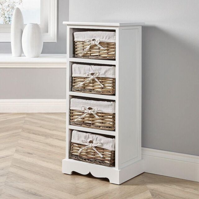 Home Source Lichfield 4 Wicker Basket Drawer Chest Storage Unit Fully Assembled in White - image 1