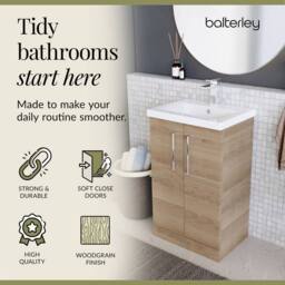 Balterley Modern Bathroom 2 Soft-Close Door Vanity Unit Basin, Light Oak, 500mm in Brown - thumbnail 7