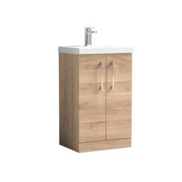 Balterley Contemporary Bathroom Floor Standing 2 Soft-Close Door Vanity Unit & Mid-Edge Ceramic Basin, Bleached Oak, 500 mm in Brown
