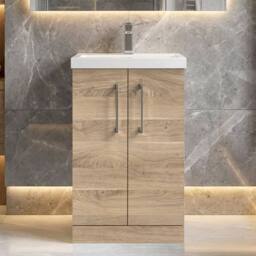 Balterley Contemporary Bathroom Floor Standing 2 Soft-Close Door Vanity Unit & Mid-Edge Ceramic Basin, Bleached Oak, 500 mm in Brown - thumbnail 9