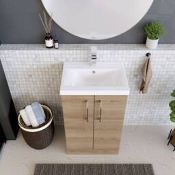 Balterley Modern Bathroom 2 Soft-Close Door Vanity Unit Basin, Light Oak, 500mm in Brown - thumbnail 3