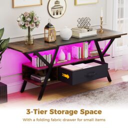 "Gymax 3-Tier TV Stand for 65""TVs With LED Lights Power Outlets & Storage in Brown" - thumbnail 8