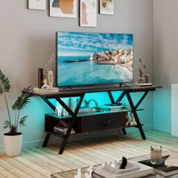 "Gymax 3-Tier TV Stand for 65""TVs With LED Lights Power Outlets & Storage in Brown" - thumbnail 3