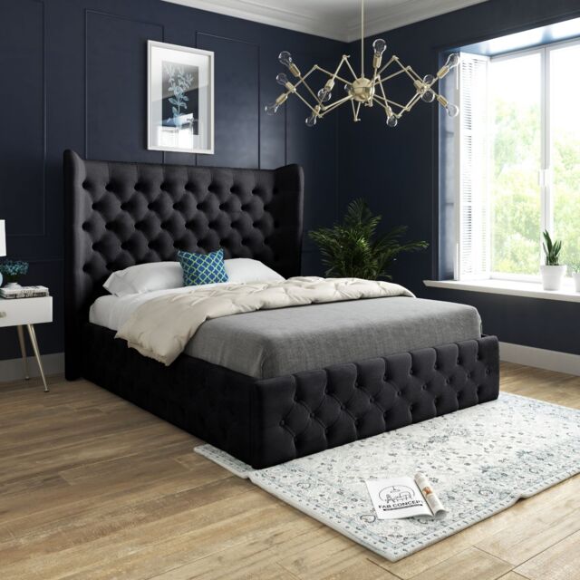 KDMD Florence Wide Winged Upholstered Soft Velvet Black Bed Frame - Size: Double - image 1