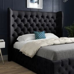 KDMD Florence Wide Winged Upholstered Soft Velvet Black Bed Frame - Size: Double - thumbnail 2