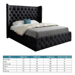KDMD Florence Wide Winged Upholstered Soft Velvet Black Bed Frame - Size: Double - thumbnail 4
