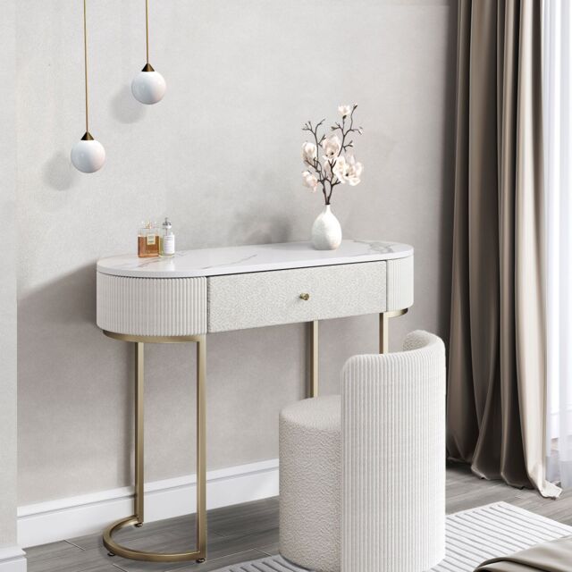 CARME HOME Romy Ivory Bouclé & Corduroy Dressing Table with Hattie Bouclé Stool - image 1