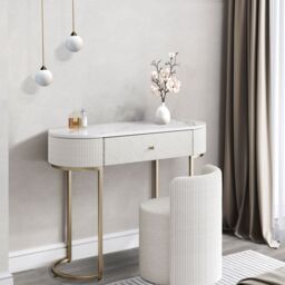 CARME HOME Romy Ivory Bouclé & Corduroy Dressing Table with Hattie Bouclé Stool - thumbnail 1