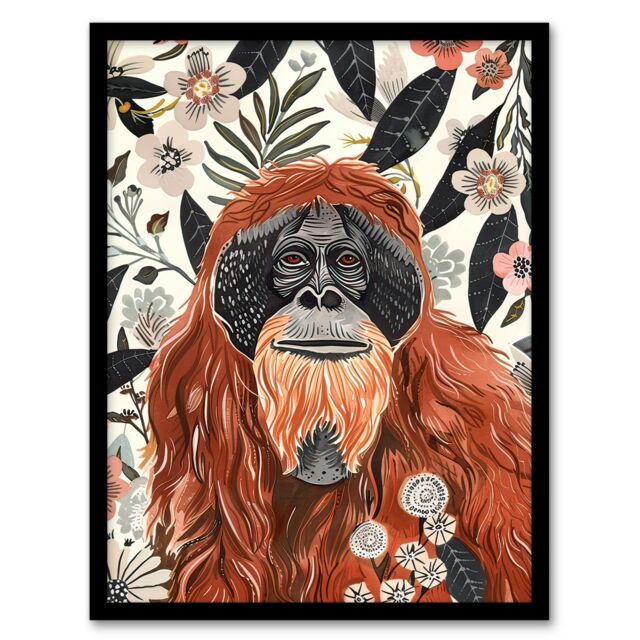 Artery8 Orangutan in Floral Jungle Bright Watercolour Framed Wall Art in Orange - Size: A4 - image 1