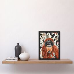 Artery8 Orangutan in Floral Jungle Bright Watercolour Framed Wall Art in Orange - Size: A4 - thumbnail 4