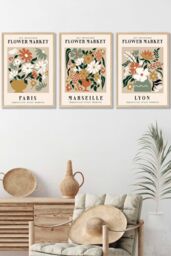 ARTZE Flower Market Paris Exhibition in Neutral Colours Framed Wall Art - Medium in Light Oak - Size: W45 cm x H62 cm x D20mm