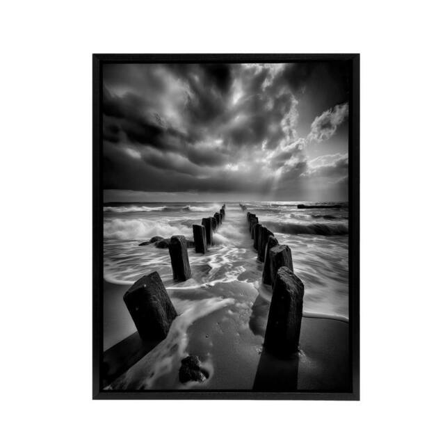 "Artery8 Pier Ruins In Dramatic Coastal Landscape Framed Canvas Wall Art Print in Grey - Size: W24"" x H32""" - image 1