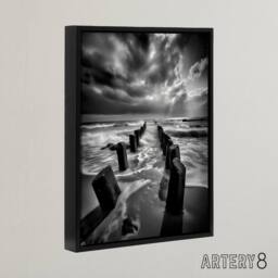 "Artery8 Pier Ruins In Dramatic Coastal Landscape Framed Canvas Wall Art Print in Grey - Size: W24"" x H32""" - thumbnail 2
