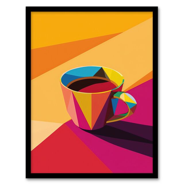 "Artery8 Coffee Tea Cup Colourful Geometric Design Framed Art Print in Orange - Size: W12"" x H16""" - image 1