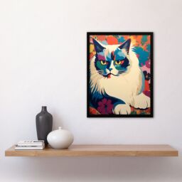 Artery8 Wall Art Print Ragdoll Cat With Flowers Pet Portrait Teal Blue Purple Orange Floral Artwork Vibrant Bold Bright Colourful Painting Art Framed - thumbnail 4