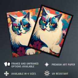 Artery8 Wall Art Print Ragdoll Cat With Flowers Pet Portrait Teal Blue Purple Orange Floral Artwork Vibrant Bold Bright Colourful Painting Art Framed - thumbnail 2
