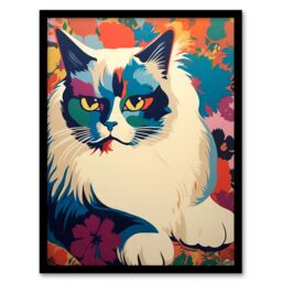 Artery8 Wall Art Print Ragdoll Cat With Flowers Pet Portrait Teal Blue Purple Orange Floral Artwork Vibrant Bold Bright Colourful Painting Art Framed - thumbnail 1