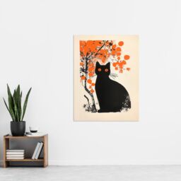 "Artery8 Cat Lover Black Pet Under Autumn Orange Tree Wall Art Print - Size: W12"" x H16""" - thumbnail 4