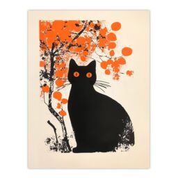 "Artery8 Cat Lover Black Pet Under Autumn Orange Tree Wall Art Print - Size: W12"" x H16""" - thumbnail 1