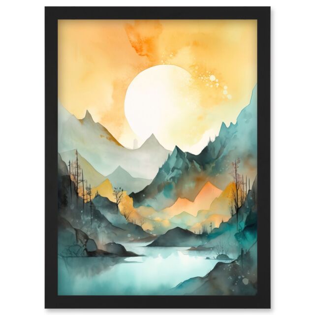 Artery8 Sun Rising Over Mountain Lakeside Landscape Modern Pastel Teal & Orange Watercolour Painting Artwork Framed Wall Art Print A4 in Black - image 1
