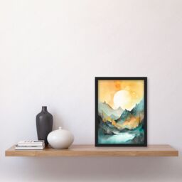 Artery8 Sun Rising Over Mountain Lakeside Landscape Modern Pastel Teal & Orange Watercolour Painting Artwork Framed Wall Art Print A4 in Black - thumbnail 2
