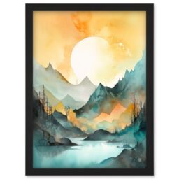 Artery8 Sun Rising Over Mountain Lakeside Landscape Modern Pastel Teal & Orange Watercolour Painting Artwork Framed Wall Art Print A4 in Black - thumbnail 1
