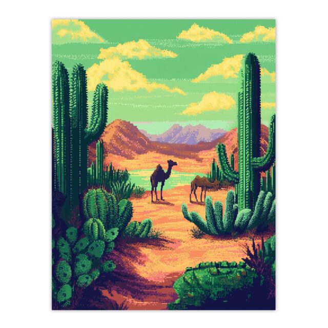 "Artery8 Camels in Desert Cacti Oasis Pixel Art Landscape Wall Art Print in Green - Size: W18"" x H24""" - image 1