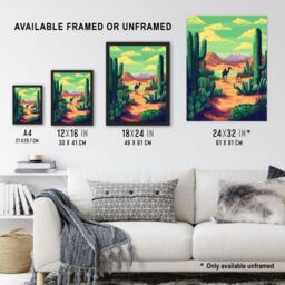 "Artery8 Camels in Desert Cacti Oasis Pixel Art Landscape Wall Art Print in Green - Size: W18"" x H24""" - thumbnail 3