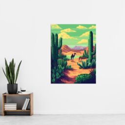 "Artery8 Camels in Desert Cacti Oasis Pixel Art Landscape Wall Art Print in Green - Size: W18"" x H24""" - thumbnail 4