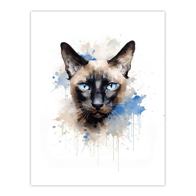 "Artery8 Wall Art Print Siamese Cat Lovers Gift Watercolour Pet Portrait Painting Artwork Poster - Size: W24"" x H32""" - image 1