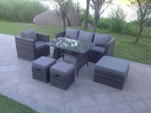 Fimous 7 Seater Grey Lounge Rattan Sofa Set Dining Table Chair Foot Rest Garden Furniture Outdoor in Dark Grey - image 1