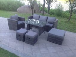 Fimous 7 Seater Grey Lounge Rattan Sofa Set Dining Table Chair Foot Rest Garden Furniture Outdoor in Dark Grey - thumbnail 1