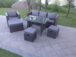 Fimous 7 Seater Grey Lounge Rattan Sofa Set Dining Table Chair Foot Rest Garden Furniture Outdoor in Dark Grey - thumbnail 4