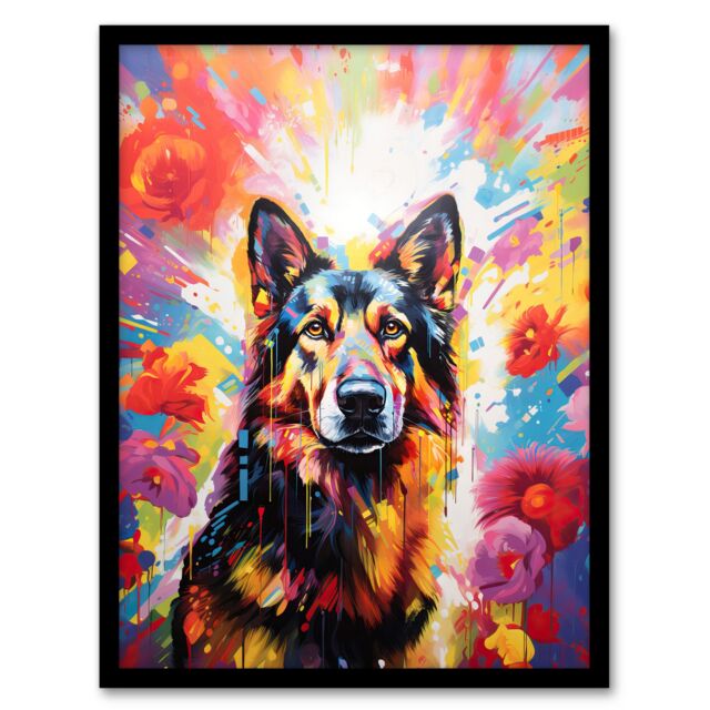 "Artery8 Wall Art Print German Shepherd Dog Lover Gift Pet Portrait Colourful Bright Artwork Painting Art Framed - Size: W12"" x H16""" - image 1