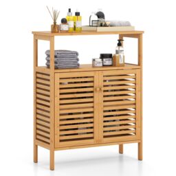 Costway Bamboo Side Storage Organizer Bathroom Floor Cabinet w/ Double Doors in Natural - thumbnail 1